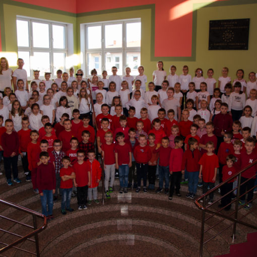 Uczniowie na schodach. Kolory koszulek układają się we flagę Polski.